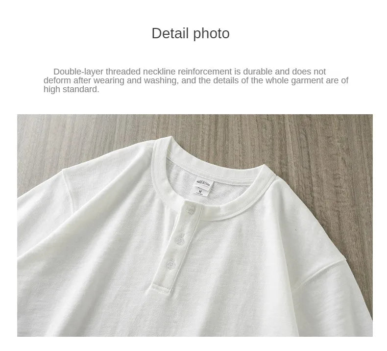 Dukeen 320g Heavyweight Henley Shirt for Men Short Sleeved Summer 100% Cotton Oversized White T Shirt Man Clothing luxecrown.co.uk