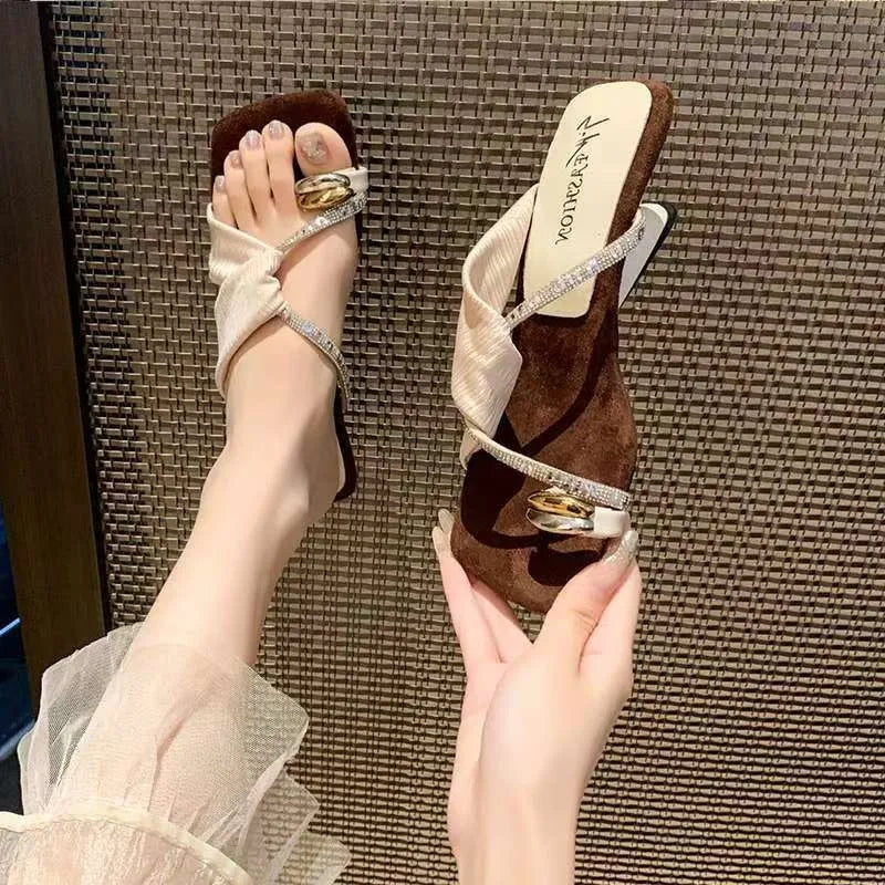 Luxury Rhinestone Square Toe Sandals  Toe Loop Women Elegant Pleated Slides Metal Decor Beach Wedding Party Dress Mules Shoes luxecrown.co.uk