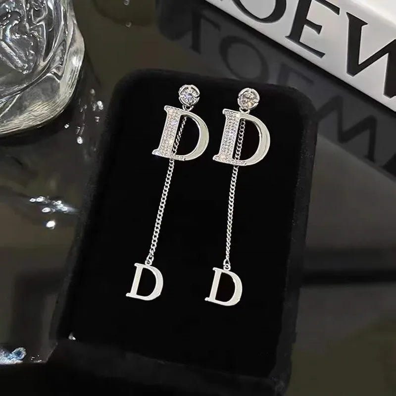 D Letter Tassel Earrings Female S925 Silver Needle New Luxury Shining Long Earrings for Women Korean Designer Jewelry Y2k Streetsharks