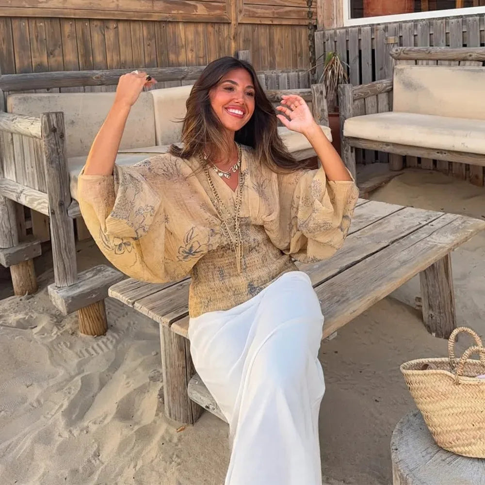 KONDALA Boho Holiday Tie Dye Print Women Shirt V Neck Long Sleeve Elastic Slim Blouse Fashion 2026 Spring Summer Party Women Top luxecrown.co.uk