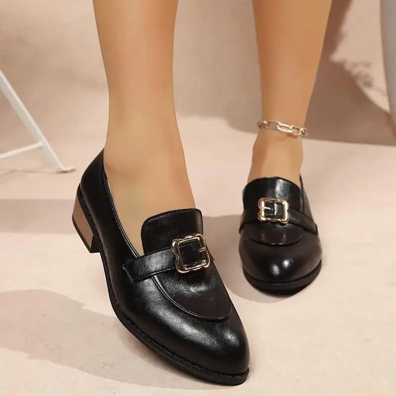 Retro Metal Buckle Thick Heel Loafers Women Summer 2026 Classic Black Brown Pu Leather Loafer Elegant Dress Shoes for Women luxecrown.co.uk