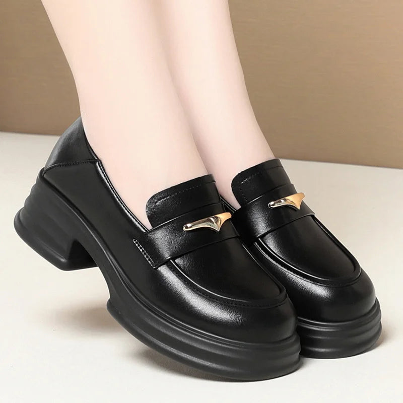 Thick-Soled Loafers Women's Spring And Autumn New British Style Retro Sponge Cake Leather Shoes Thick Heel Black Single Shoes luxecrown.co.uk