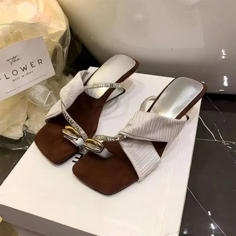 Luxury Rhinestone Square Toe Sandals  Toe Loop Women Elegant Pleated Slides Metal Decor Beach Wedding Party Dress Mules Shoes luxecrown.co.uk