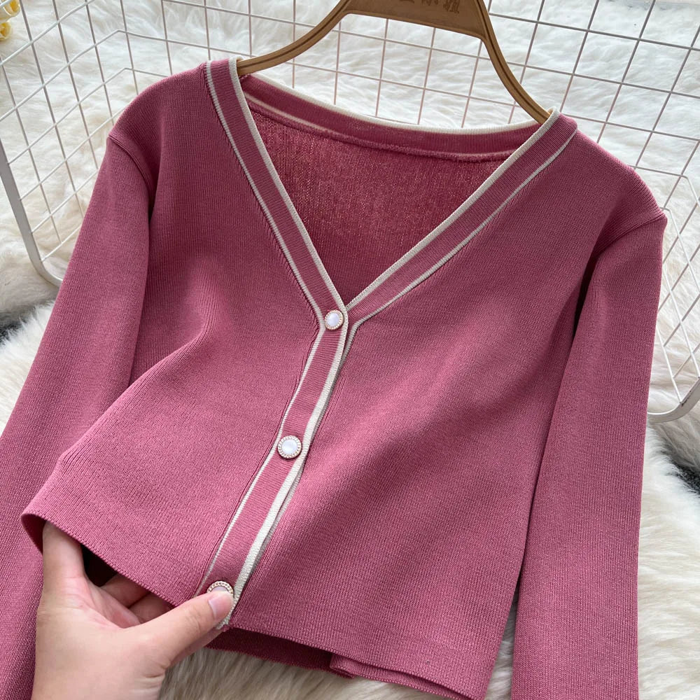 New Fashion Autumn Knitted Suits Long Sleeve V Neck Buttons Top+Stripe Strap Bodycon Dress Elegant OL Women Two Piece Sets