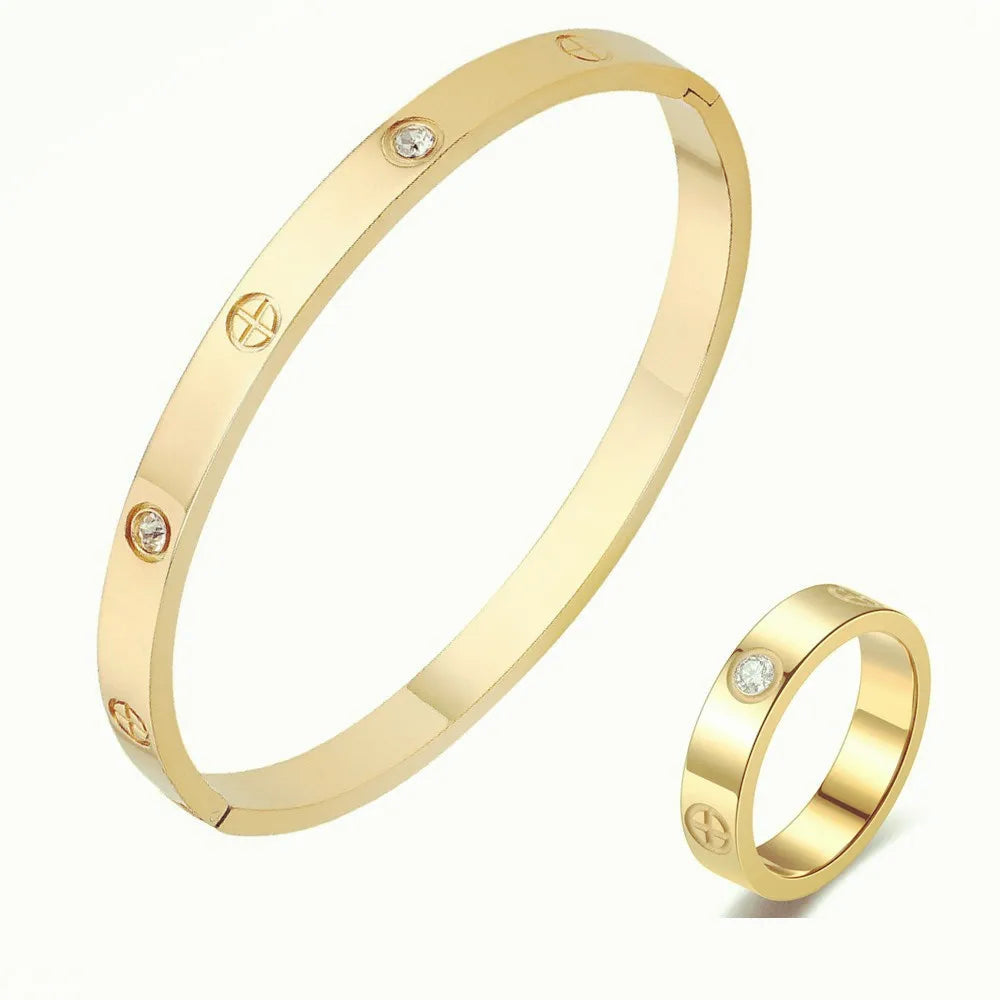 Stainless Steel Luxury Fashion Jewelry Set Golden Women Bangle Bracelet Love Cross Finger Rings For Men Women Jewelry Set Gift Streetsharks