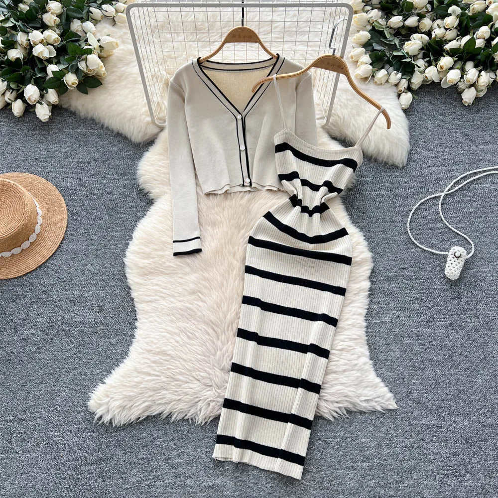 New Fashion Autumn Knitted Suits Long Sleeve V Neck Buttons Top+Stripe Strap Bodycon Dress Elegant OL Women Two Piece Sets