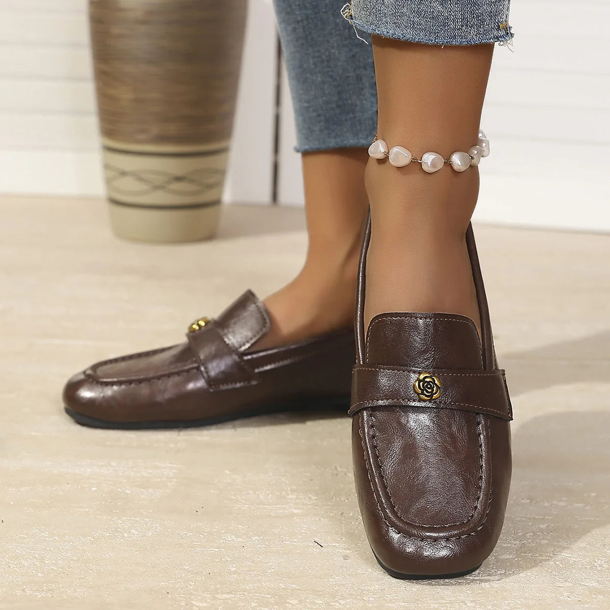 Women's Leather Flat Loafers with Gold-Tone Flower Accessory Round Apron Toe Low Block Heel Comfortable & Office Dress Shoes luxecrown.co.uk