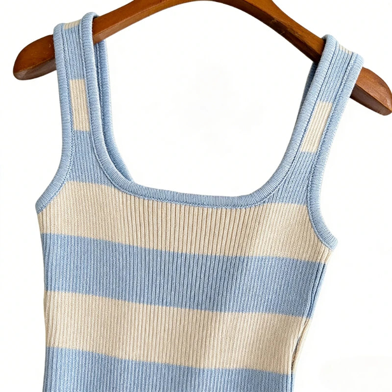 Women's Casual Evening Knit Maxi Dress Sleeveless Black Striped Bodycon Beach Side Slit Stretchy Ribbed Party Long Dress