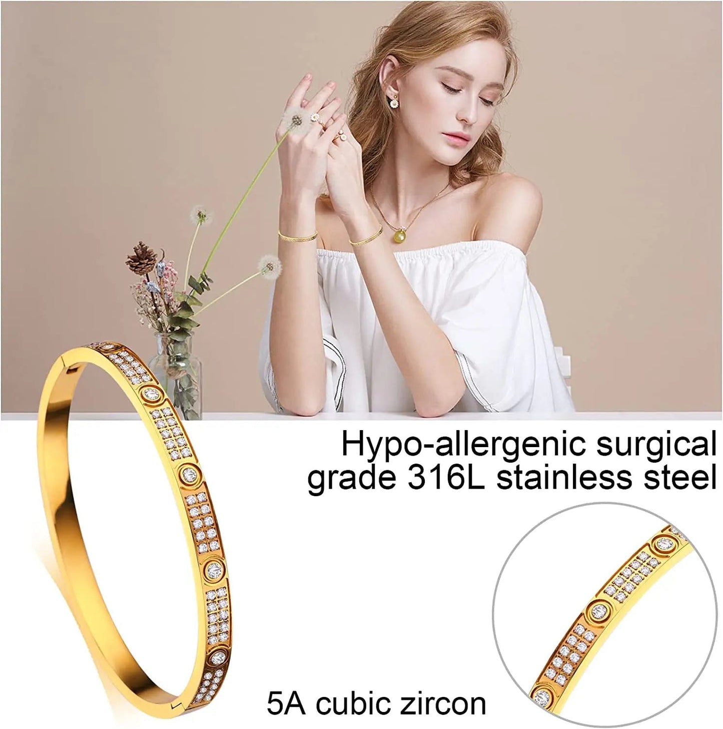 2025 New Design Gold Color Zircon And Cross Nut Nail Bracelet Gold & Bangle For Woman Stainless Steel Screw Brand Jewelry Streetsharks