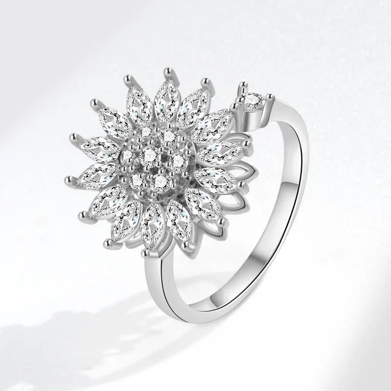 VENTFILLE 925 Sterling Silver Sunflower Diamond Zircon Rotatable Ring For Women Gift Relieve Stress Ring Jewelry Wholesale Streetsharks