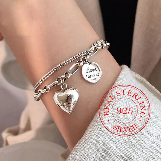 Elegant 925 Sterling Silver Love Letter Heart Double Layer Bracelet Female Unique Design Thai Silver Retro Light Luxury Jewelry Streetsharks