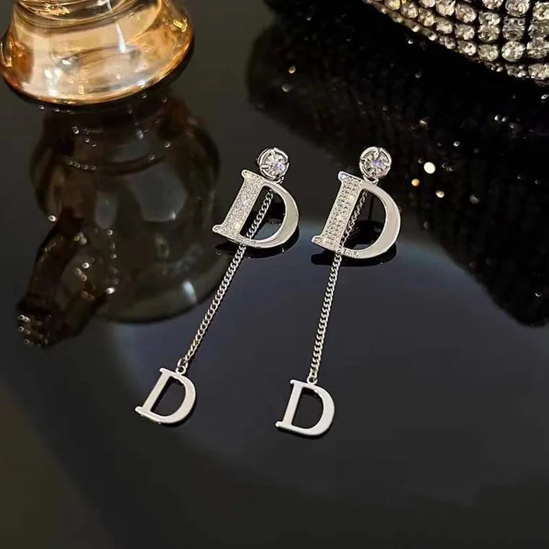 D Letter Tassel Earrings Female S925 Silver Needle New Luxury Shining Long Earrings for Women Korean Designer Jewelry Y2k Streetsharks