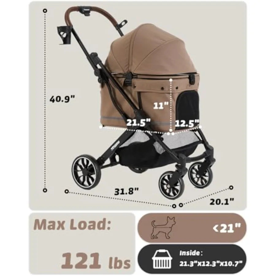 Pet stroller for small medium dogs and cats up to 121 lbs, polyester fabric, brown, foldable with one-click mechanism and 4-whe luxecrown.co.uk