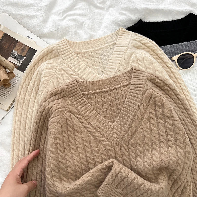 2026 New Autumn Winter Women V-neck Long Sleeve Knitted Sweaters Twist Striped Loose Solid Color Short Pullover Tops