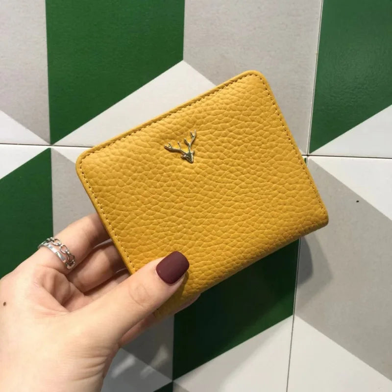 Cowhide Women's Purses Short Thin Small Wallet Chic Christmas Deer Button Ladies Genuine Leather Card Holder Wallet Coin Purse luxecrown.co.uk