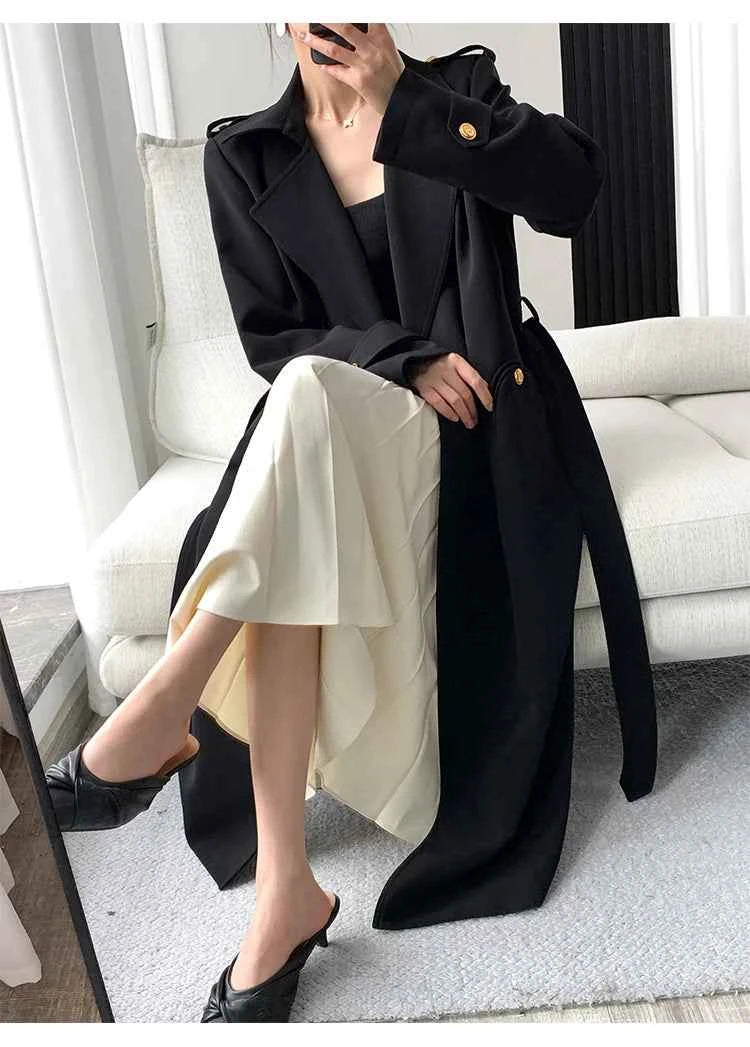 Lautaro Spring Autumn Long Black Trench Coat for Women Gold Buttons Double Breasted Elegant Chic Luxury Designer Clothes 2025