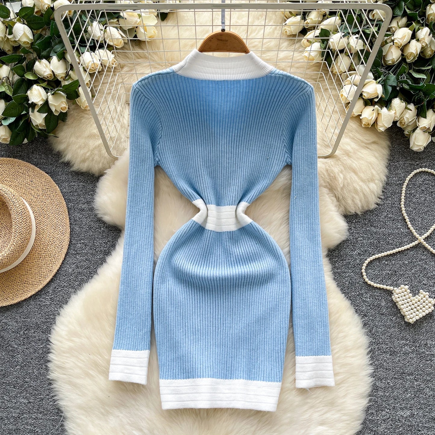 Women's French Style V Neck Long Sleeve Knitted Bodycon Dress Classic Soft Office Elegant Lady Autumn