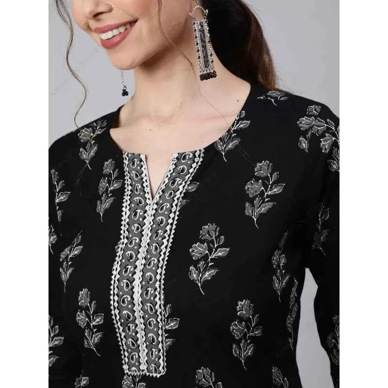 Indian Ethnic Kurta for Women Black Cotton Floral Print Tunic Top 3/4 Sleeve Round Neck Casual Mid-Length Kurti India Dress