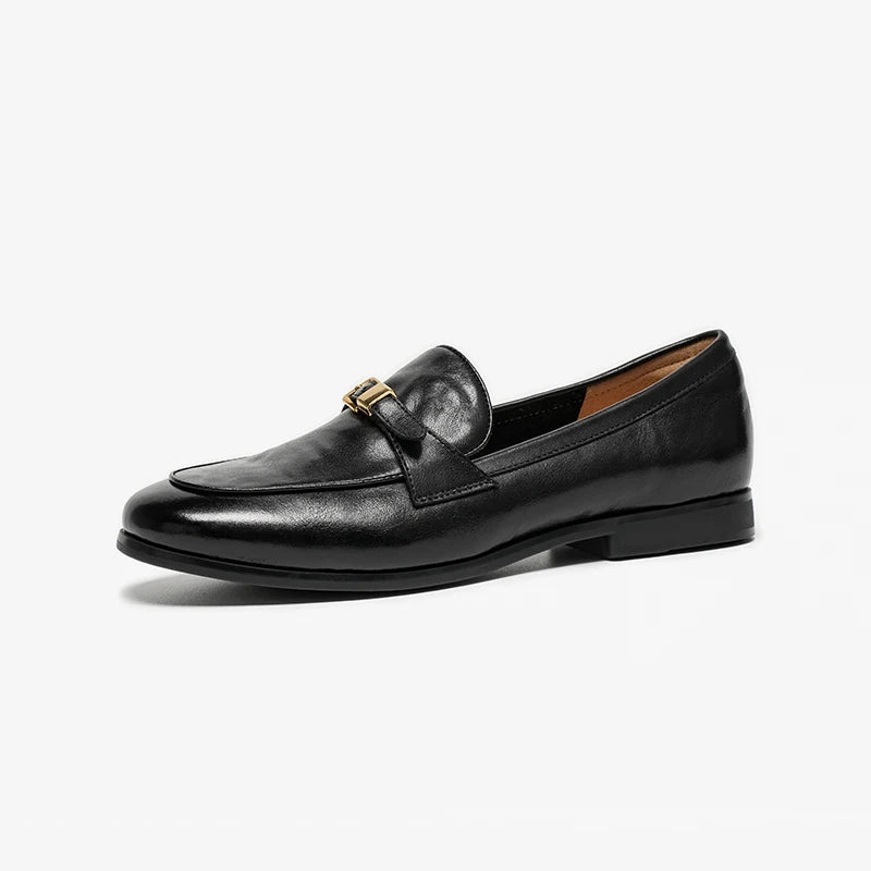 BEAUTODAY Loafers Women Cow Leather Waxing Round Toe Metal Buckle Strap Slip-on Flats Business Suit Ladies Shoes Handmade 26267 luxecrown.co.uk