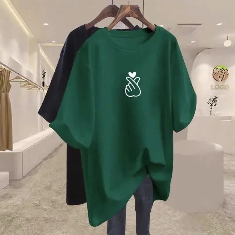 Women Clothing Elegant Chic Print Basic T-shirts Summer Fashion Pure Cotton O-neck Short Sleeve Top Tee Loose Pullover 45-105Kg luxecrown.co.uk