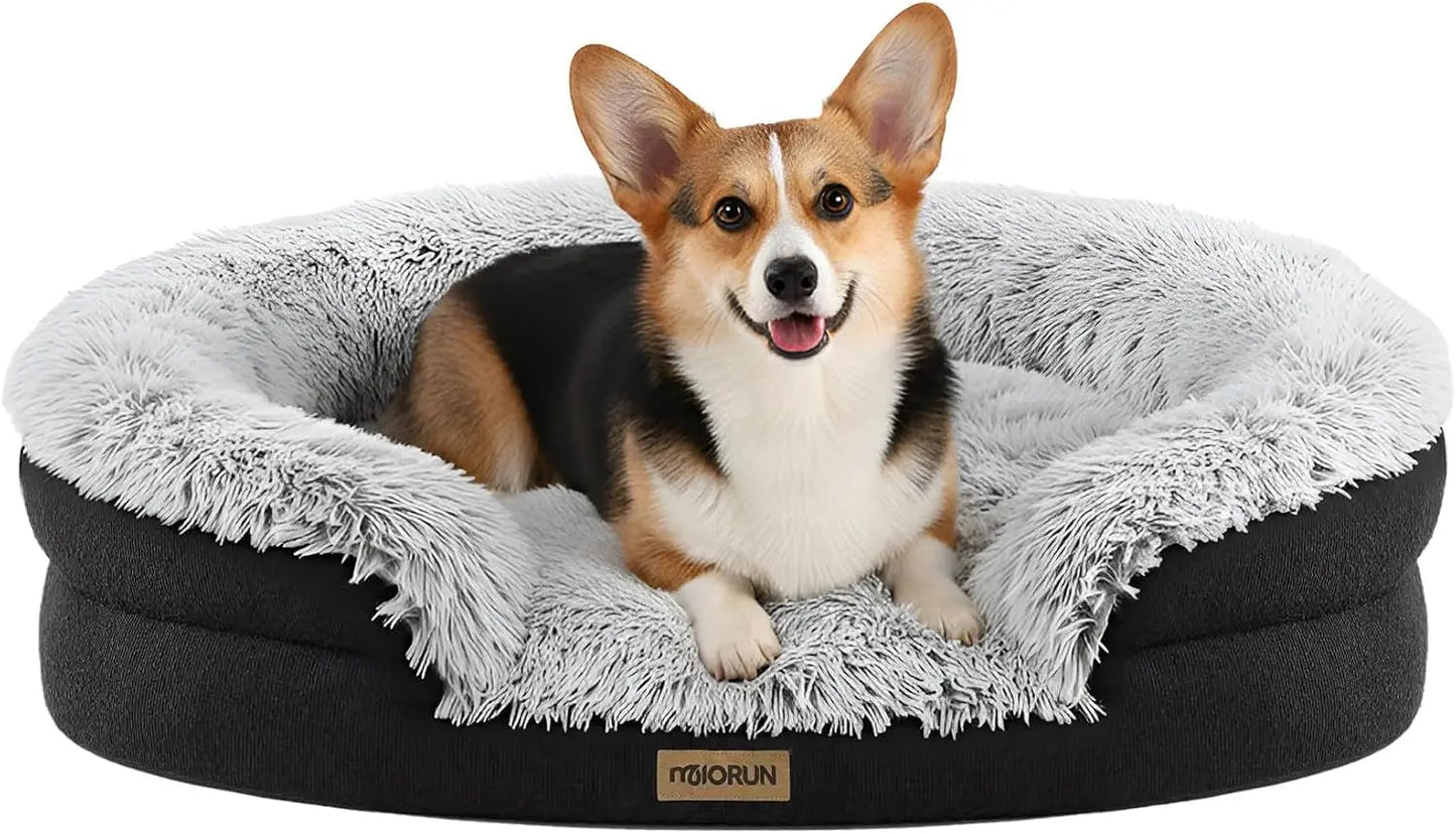 Plush Orthopedic Dog Bed, 35" Oval Donut with Bolster Support, Washable Cover, Gray luxecrown.co.uk