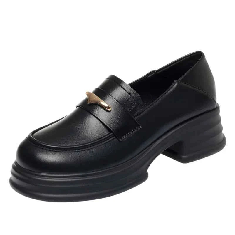 Thick-Soled Loafers Women's Spring And Autumn New British Style Retro Sponge Cake Leather Shoes Thick Heel Black Single Shoes luxecrown.co.uk