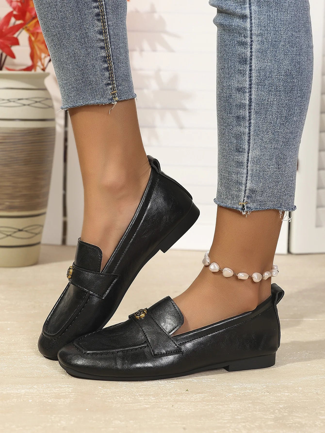 Women's Leather Flat Loafers with Gold-Tone Flower Accessory Round Apron Toe Low Block Heel Comfortable & Office Dress Shoes luxecrown.co.uk