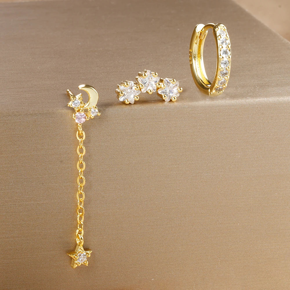 3PCS Luxury Star Pendant Piercing Earrings Set For Women Stainless Steel Zircon Punk Ear Studs Earring Lady Jewelry aretes Streetsharks