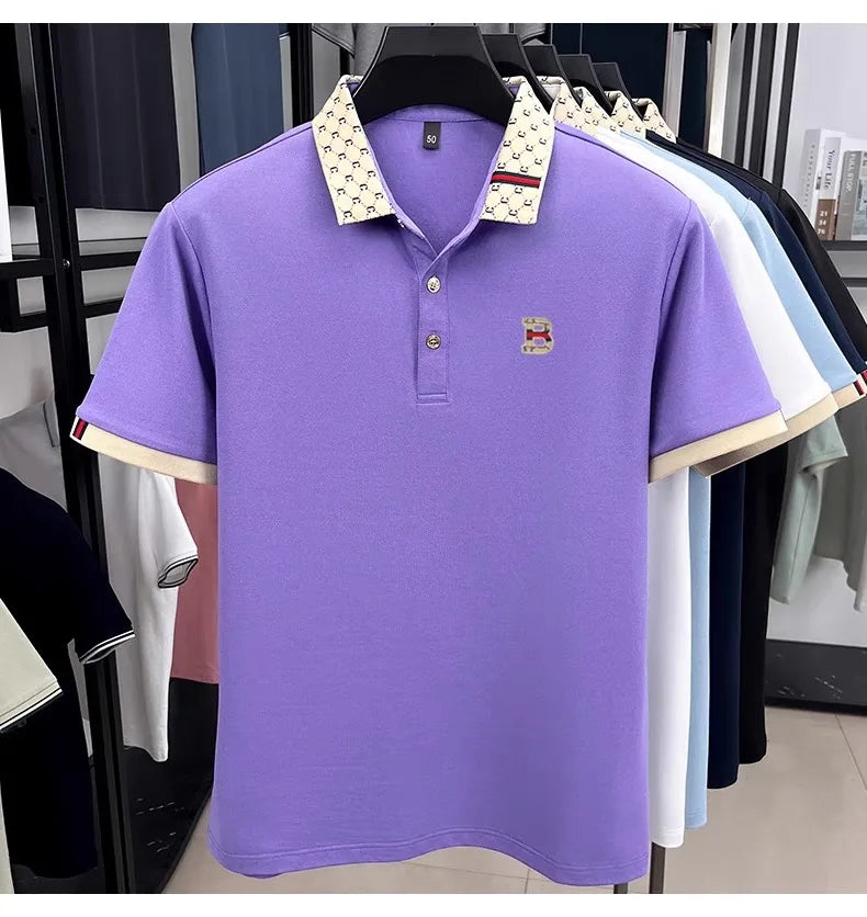 Luxury brand B letter embossed short sleeve polo shirt men summer lightweight breathable new fashion color blocked lapel T-shirt luxecrown.co.uk