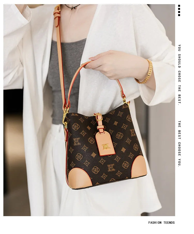 High-End Large Capacity Bucket Bag Women's Fashion Luxury Retro Floral Print Single Shoulder Bag Vintage Style PU Material luxecrown.co.uk