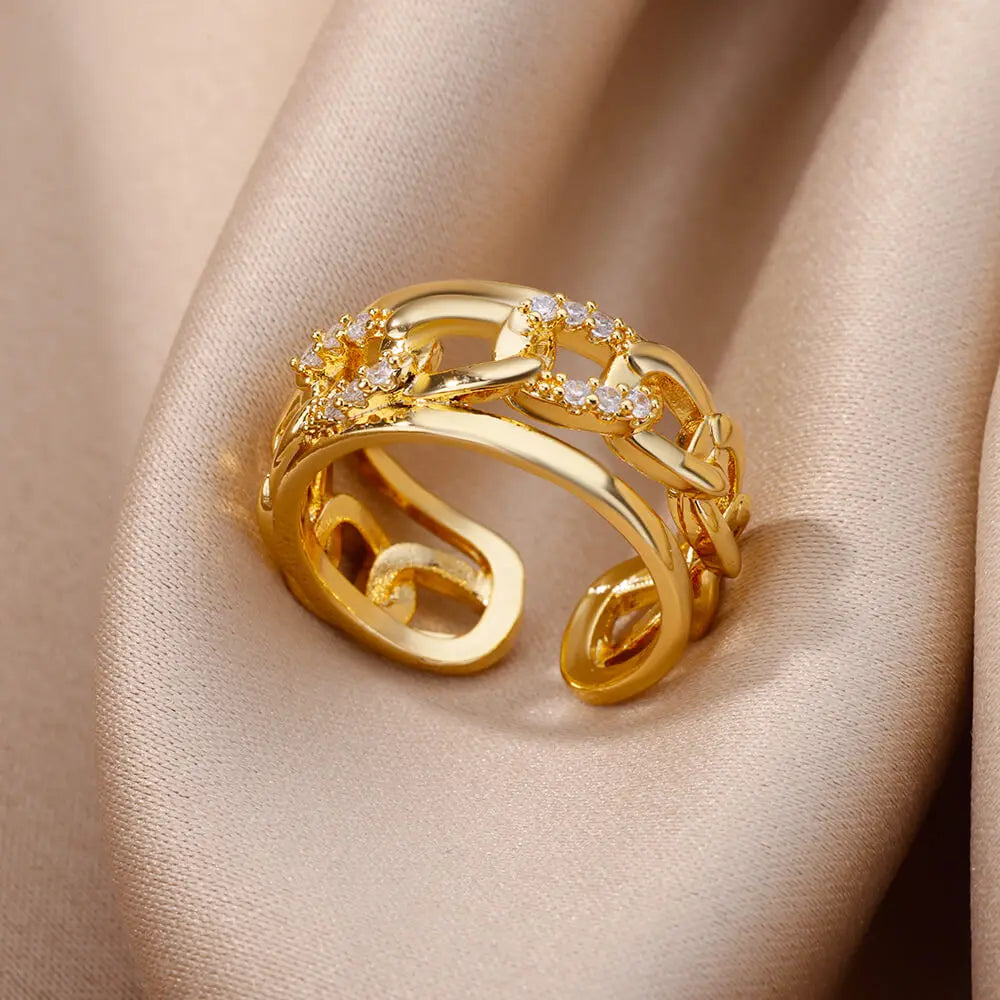 Fashion Gold Color Stainless Steel Rings For Women Chain Hollow Out Crystal Zircon Finger Ring Jewelry 2023 Gift anillos mujer Streetsharks