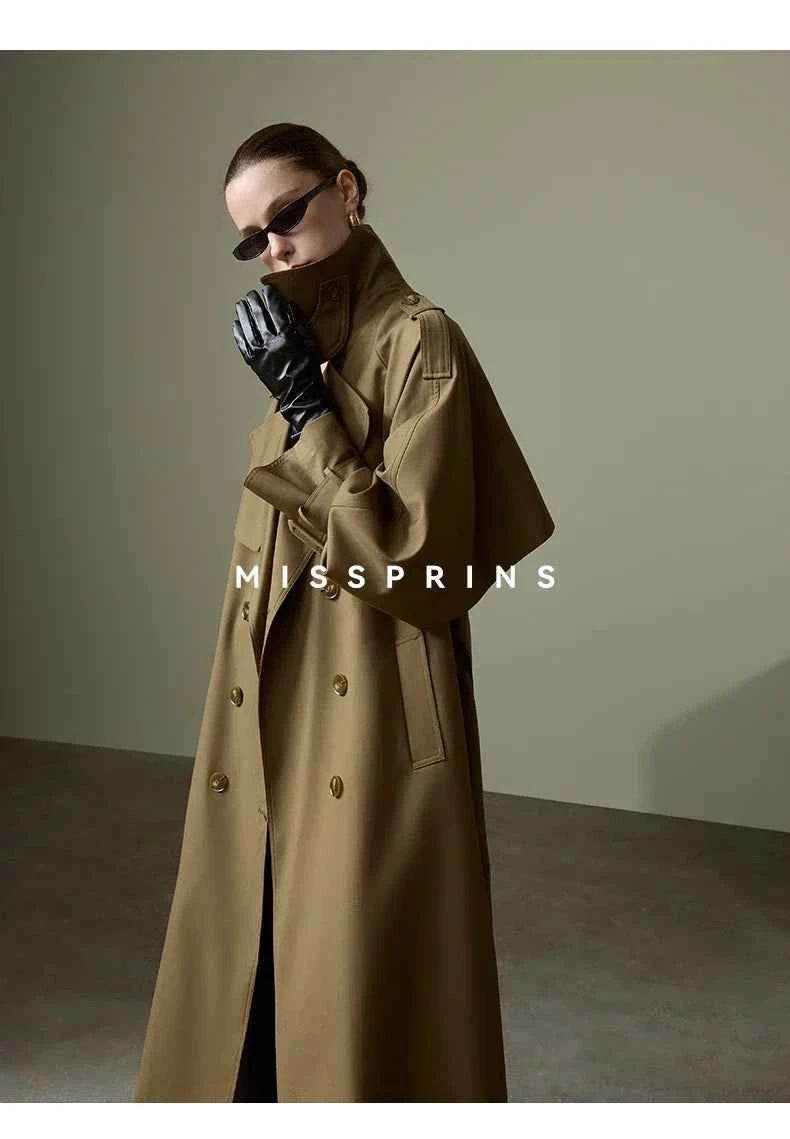 Lautaro Spring Autumn Long Khaki Trench Coat for Women Belt Double Breasted Chic Luxury Designer European Fashion Clothes 2025