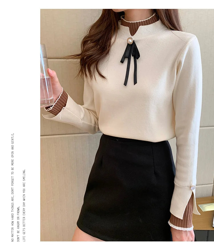 Autumn Winter Sweater Sweet Bow Knitwears Long Sleeve Slim Pullovers Women Solid Knitted Sweater Korean Casual Base Layer Y2k