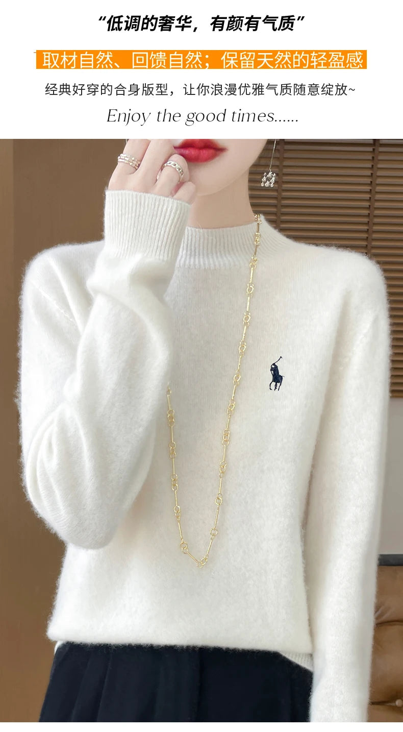 2024 Autumn/Winter Women's New Cashmere Hoodie Fashionable Embroidered Half High Neck Soft Cashmere Explosive100% Australianwool Streetsharks