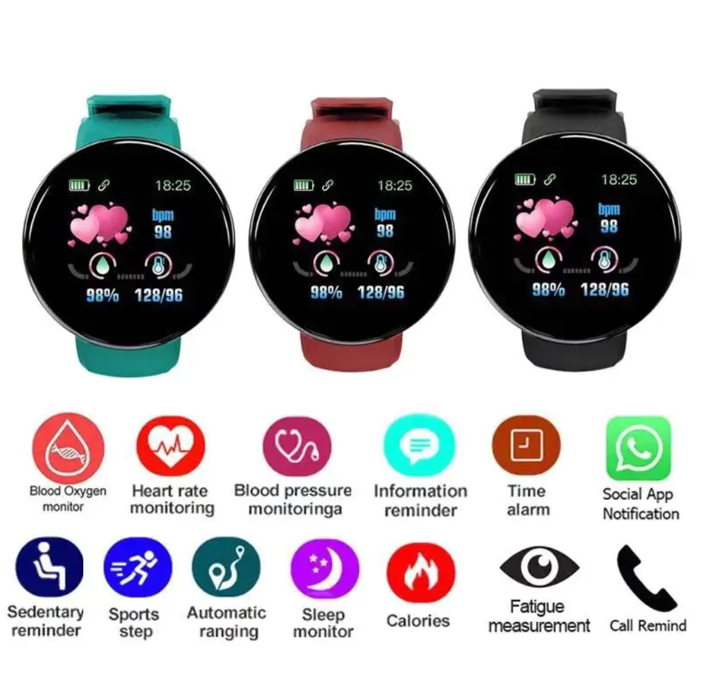 D18 Smart Watch Heart Rate Monitor Men’s Women’s Smartwatch Round Fitness Digital Watches for Men Women Band Bracelet PK D20 Y68 AE Streetsharks