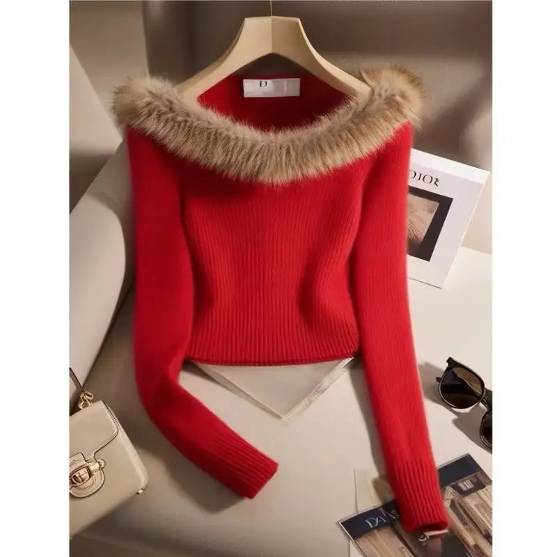 2026 New Autumn Winter Women Long Fur Collar Sleeve Knitted Sweaters Elastic Slim Solid Multi Color Short Pullover Tops
