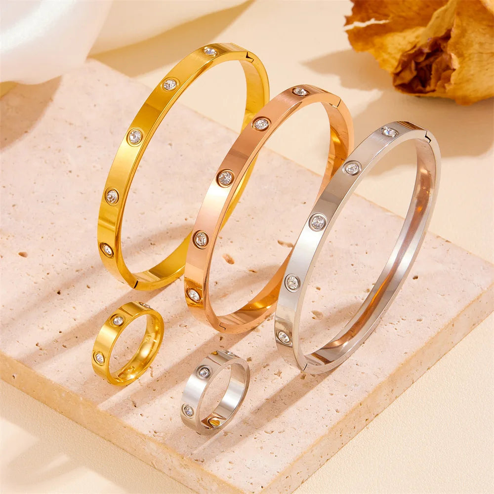 Luxury Stainless Steel Crystal Charm Bangle/Ring for Women Gold Color Non Tarnish Cuff Bracelet Jewelry Set Gift Party Streetsharks