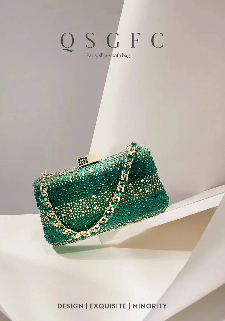 2026 Nigerian Women Heel Ladies Italian Luxury Design Green Shoes And Bag Set Decorated with Rhinestone Handbag Wedding Party luxecrown.co.uk