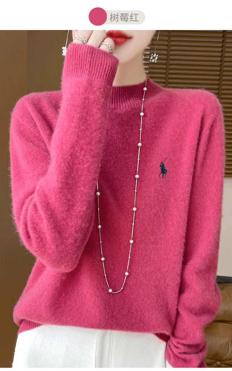 2024 Autumn/Winter Women's New Cashmere Hoodie Fashionable Embroidered Half High Neck Soft Cashmere Explosive100% Australianwool Streetsharks