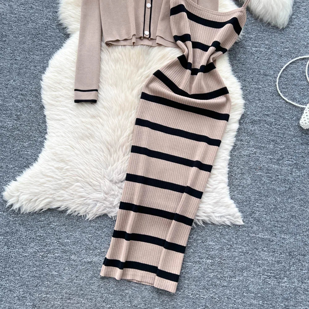New Fashion Autumn Knitted Suits Long Sleeve V Neck Buttons Top+Stripe Strap Bodycon Dress Elegant OL Women Two Piece Sets