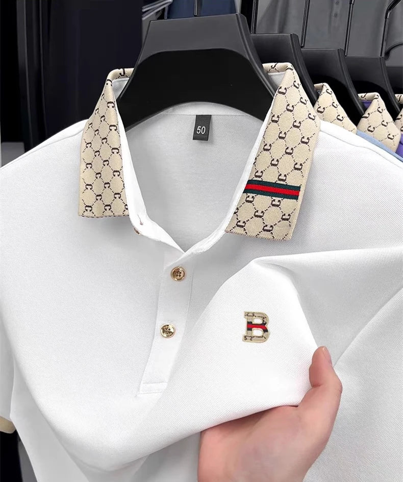 Luxury brand B letter embossed short sleeve polo shirt men summer lightweight breathable new fashion color blocked lapel T-shirt luxecrown.co.uk