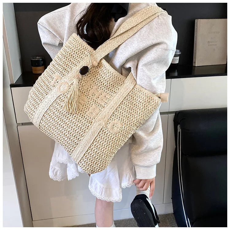 French Style Large Capacity Woven Straw Woven Bag for Women New Beach Vacation Shoulder Bag Casual Commuting Tote Bag Purse luxecrown.co.uk