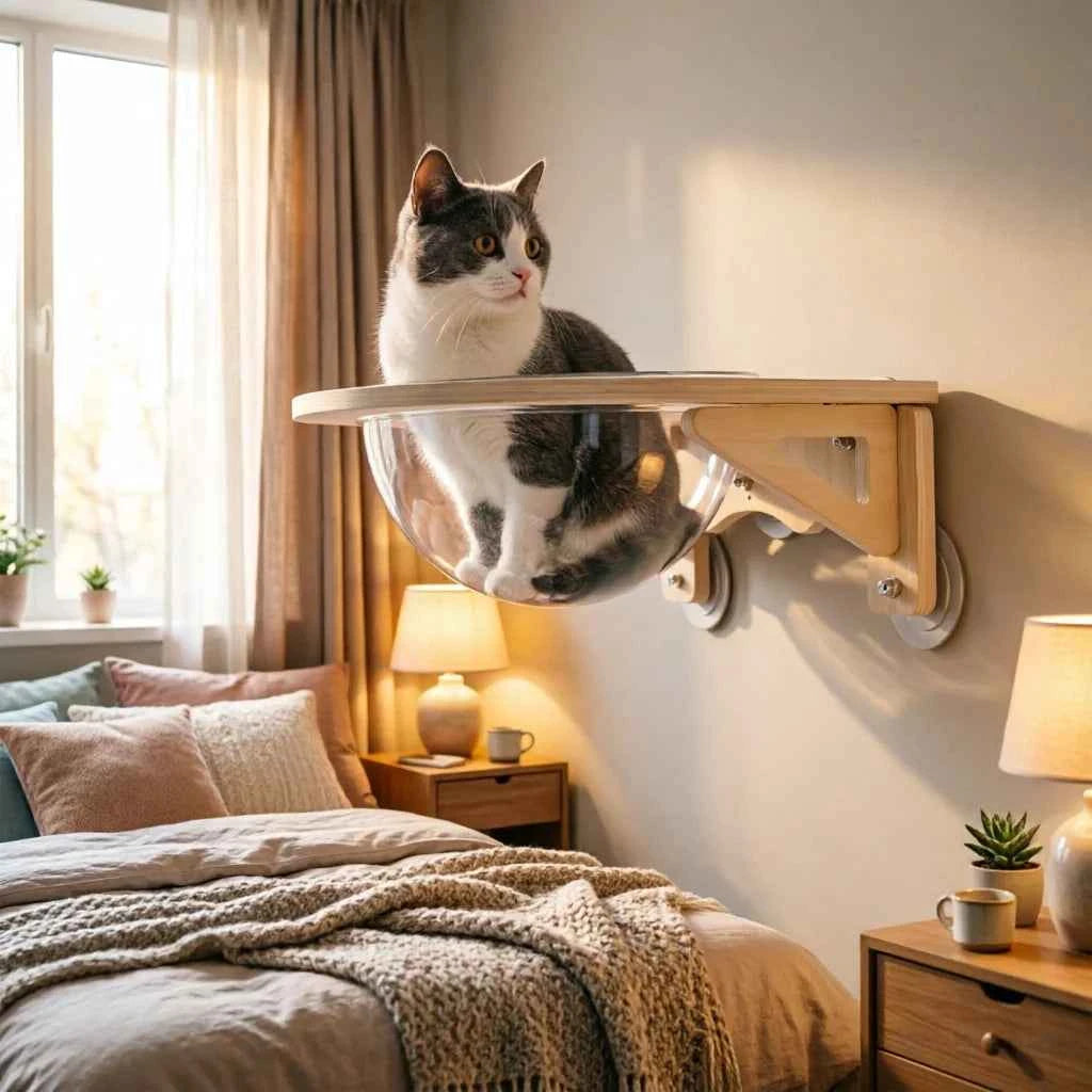 Clear Cat House Wall-Mounted Wooden Cat Space Capsule Clear Capsule Kitten Walls Shelves 15.75inch Load-bearing Up to 16.53lbs
