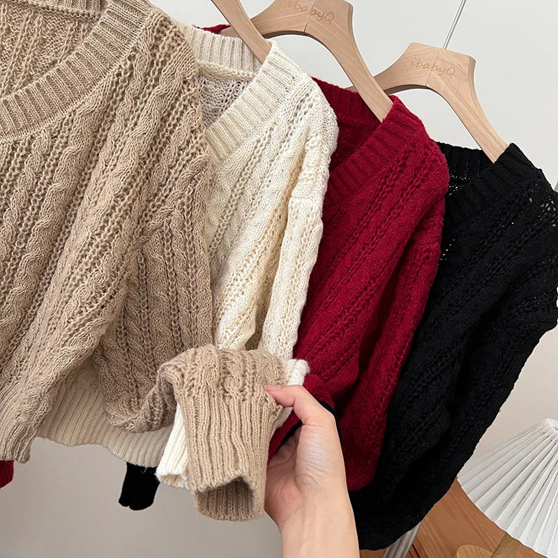 Autumn Striped Sweater Women Knitwears Solid Loose V Neck  Knit Pullover Warm Long Sleeves Tops Khaki Knitted Jumpers Women