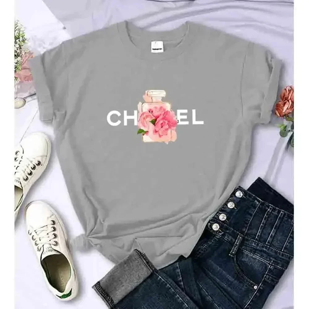 Luxury Fashion Brand Printed Women's Summer T-Shirt Alphabet Flower Perfume Shirt Pattern T-Shirt High Quality Short Sleeve Top Streetsharks