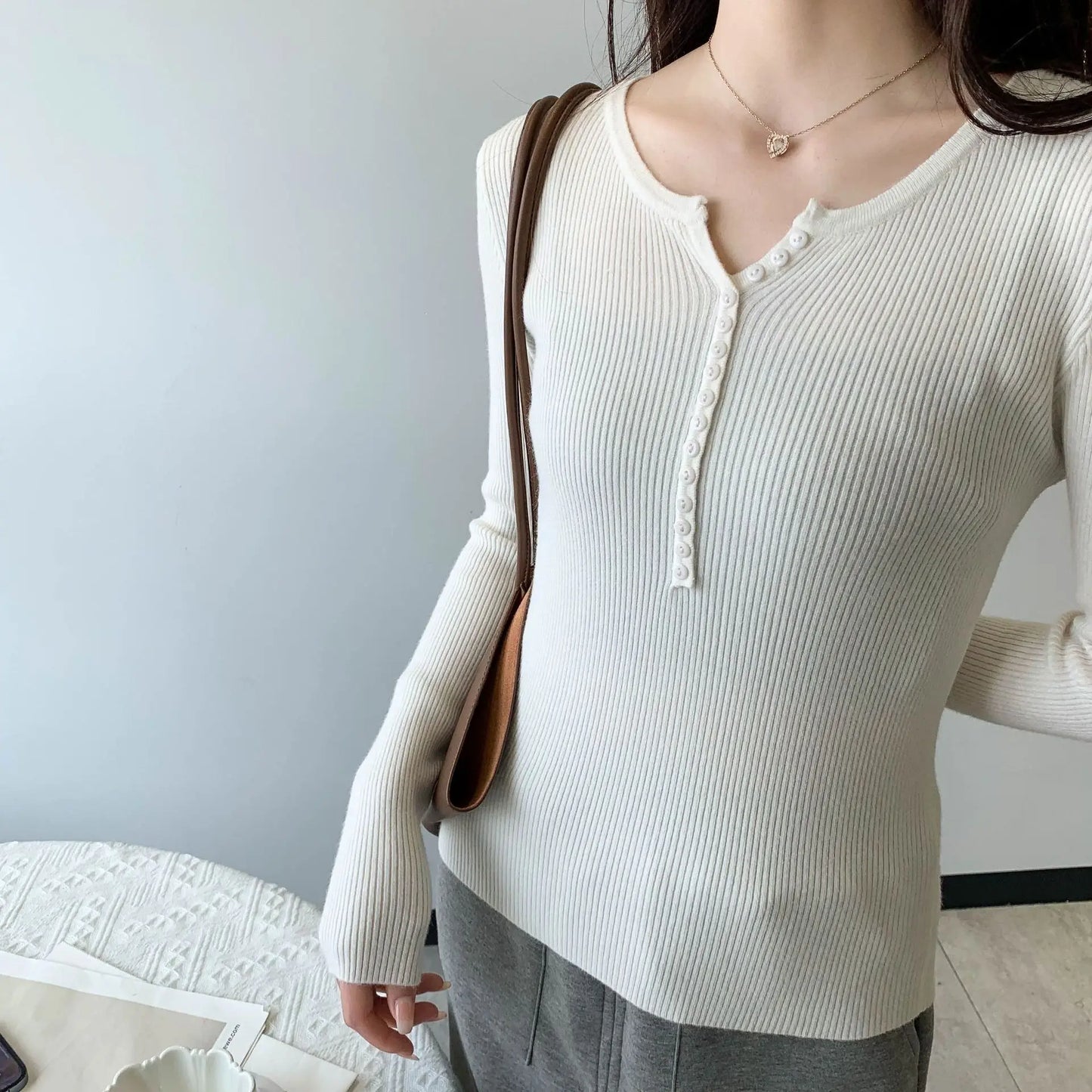 2026 Spring Autumn Basic Sweaters Knitted Women Sweater Button O-neck Pullovers Female Pullover Slim Solid Bold Stripes Tops