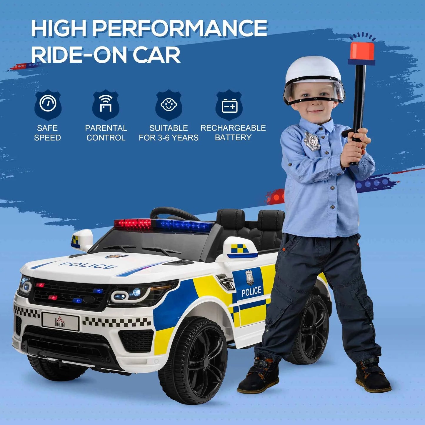 12V Kid Electric Ride On Police Car w/ Remote Siren Bluetooth 3-6 Years