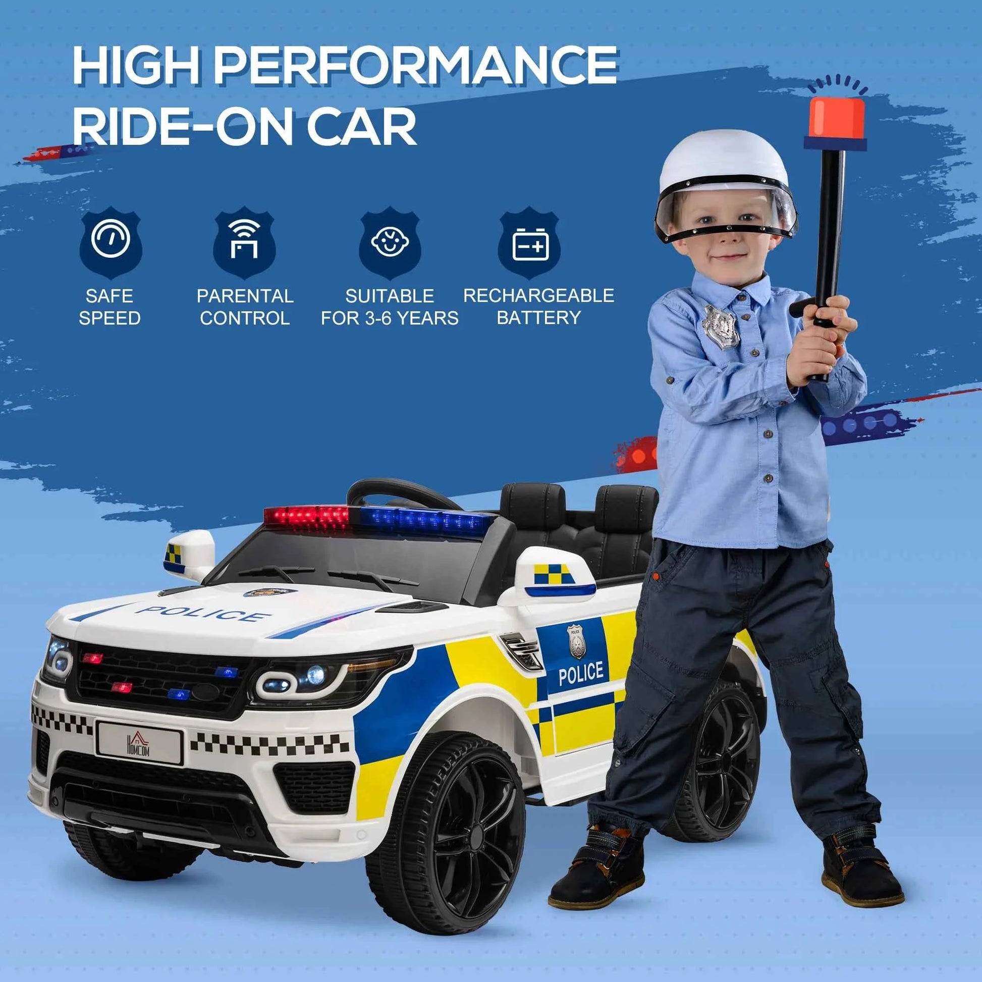 12V Kid Electric Ride On Police Car w/ Remote Siren Bluetooth 3-6 Years