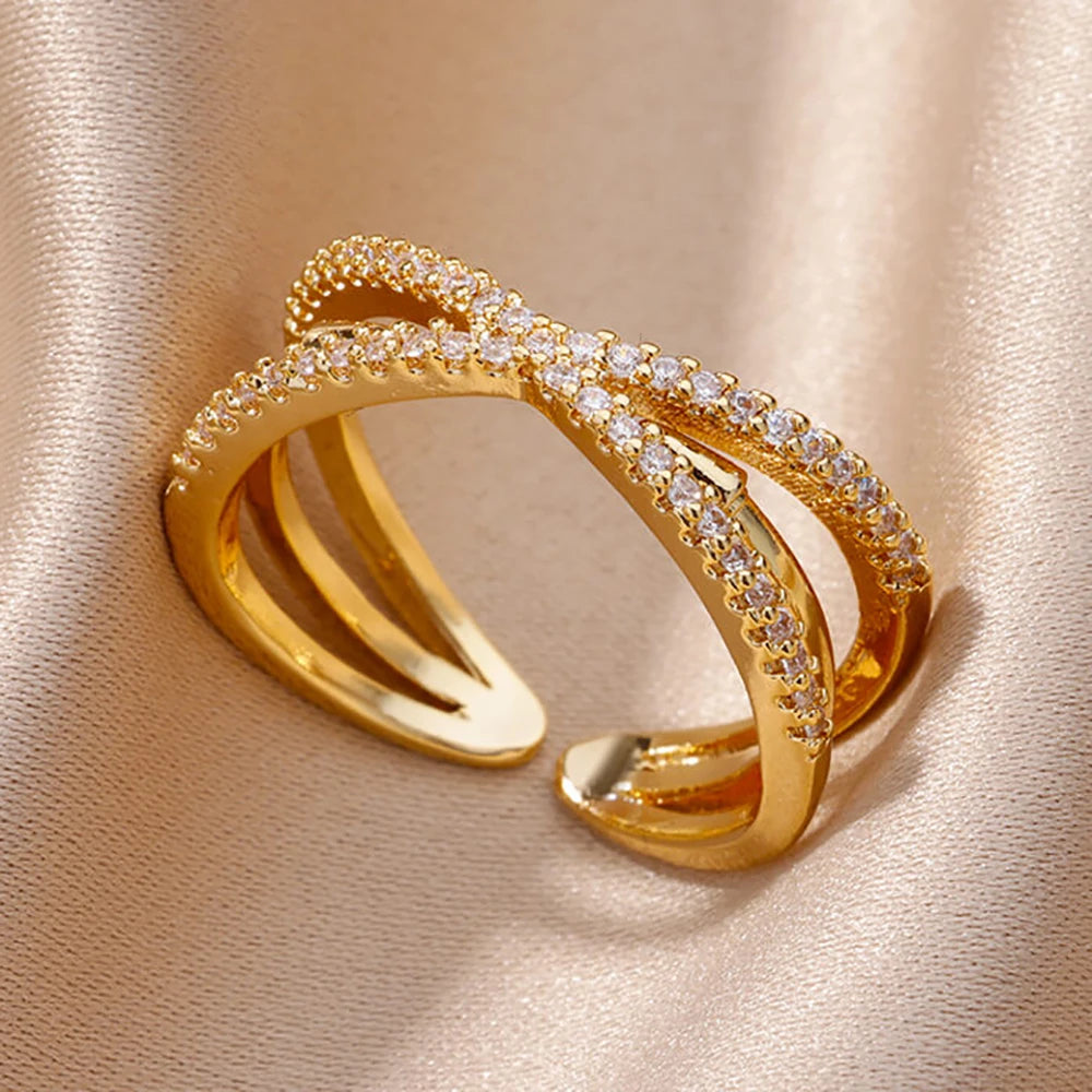 Fashion Gold Color Stainless Steel Rings For Women Chain Hollow Out Crystal Zircon Finger Ring Jewelry 2023 Gift anillos mujer Streetsharks