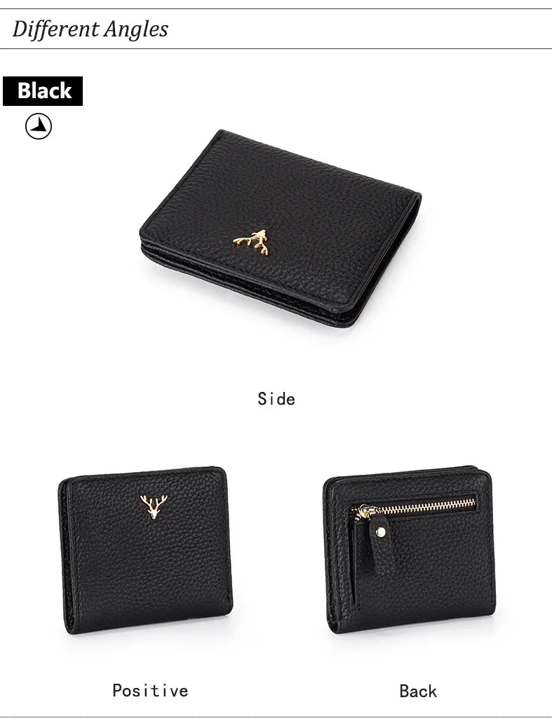 Cowhide Women's Purses Short Thin Small Wallet Chic Christmas Deer Button Ladies Genuine Leather Card Holder Wallet Coin Purse luxecrown.co.uk